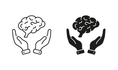 Nöroloji, Psikoloji ve Siluet Simgesi Seti. Eller Piktogramlı İnsan Beyni. Eğitim, Mantık Analizi, Hafıza, Beyazların Arkaplanda Zihin Sembol Koleksiyonu. İzole Vektör İllüstrasyonu.