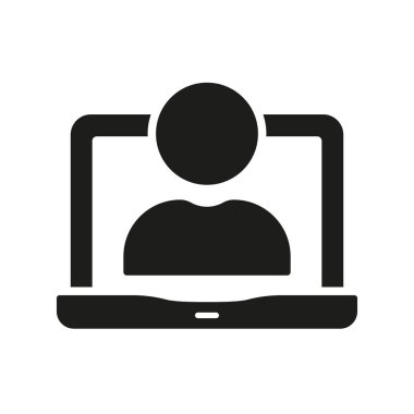 Çevrimiçi Video Konferansı, İş Buluşma Silueti Simgesi. Laptop 'ta Uzaktan Çalışan Glyph Pictogram. Sanal İş Ağı Katı İşaret. Bilgisayar Kullanıcı Sembolü. İzole Vektör İllüstrasyonu.