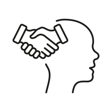 Empathy Concept Line Icon. Agreement Handshake, Human Head Linear Pictogram. Mental Health Outline Sign. Intellectual Process, Emotional Solace Symbol. Editable Stroke. Isolated Vector Illustration.