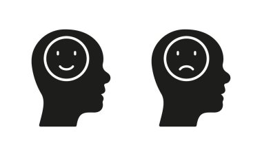 Pozitif ve Olumsuz Düşünen Siluet Simgesi Seti. Akıl Sağlığı, Zihin Problemi Sağlam İşaret. İnsan Başı Piktogramında gülümse. Psikoloji Terapi Sembolü. İzole Vektör İllüstrasyonu.