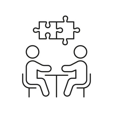 İş Yönetimi Hat Simgesi. Bulmaca ve İnsanlarla Buluşma Çizgisel Piktogramı. Takım çalışması İşbirliği ve Bağlantı Ana Hattı İşareti. Düzenlenebilir Vuruş. İzole Vektör İllüstrasyonu.