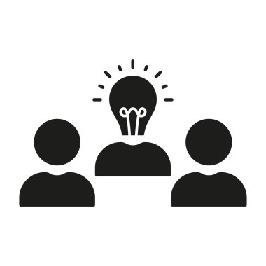 İcat Fikri Piktogramı için takım çalışması. Takım ve Ampul Silueti Simgesi. Çözüm İşaretini Bul. Baş Sembol yerine Ampullü Yaratıcı Topluluk. İzole Vektör İllüstrasyonu.