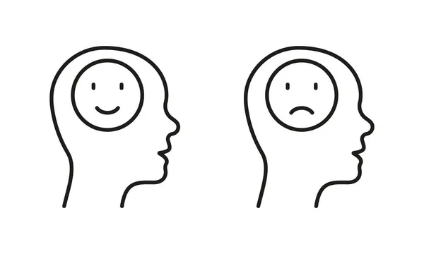 Positive Negative Thinking Line Icon Set Smile Human Head Linear — Stock Vector