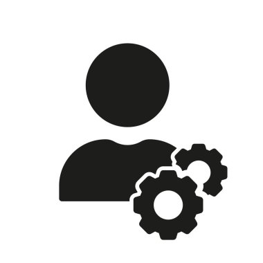 Proje Yönetimi Silüeti Simgesi. Leader Works, Gear Glyph Pictogram 'ı olan kişi. Sosyal Takım Çalışmaları Sembolü. İşgücü Kavramının Katı İşareti. Çarklı bir insan. İzole Vektör İllüstrasyonu.