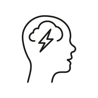Negatif Düşünce Hattı Simgesi. Zihinsel Bozukluk, İnsan Başında Gök Gürültüsü Doğrusal Pictogram. Karamsarlık, Hüsran Sembolü. Mutsuz Üzgün Kişi Taslak İşareti. Düzenlenebilir Vuruş. İzole Vektör İllüstrasyonu.