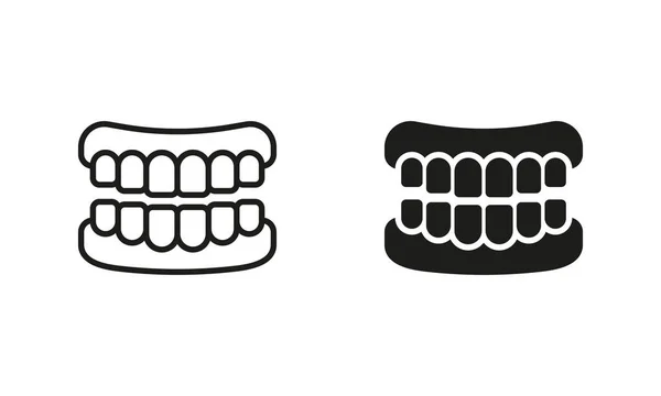 Diş Silueti Satır Simgeleri Ayarlı Nsan Çene Anatomisi Takma Diş — Stok Vektör