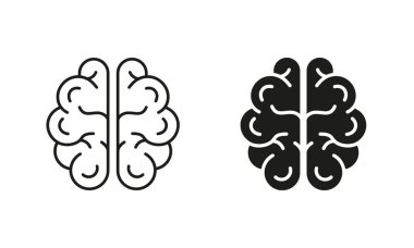 İnsan Beyni Hattı ve Siluet Simgesi Ayarlandı. Beyin Fırtınası, Hafıza, Psikoloji Sembol Koleksiyonu. Zihin, Zeka, Nöroloji, Bilgi Piktogramı. İzole Vektör İllüstrasyonu.
