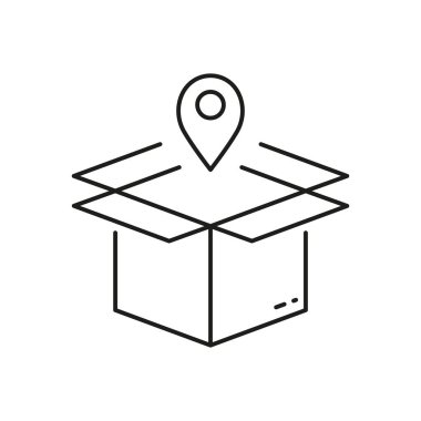 Paket Hattı Simgesi. Teslimat Servisi Lineer Pictogram. Düzen Konum Özeti Sembolü. Kutulu İşaretçi, Nakliye İşareti. Paket Yeri 'ni al. Düzenlenebilir Vuruş. İzole Vektör İllüstrasyonu.