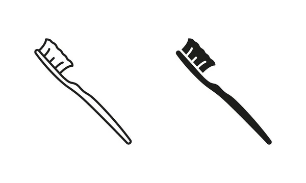 Spazzolino Denti Silhouette Line Icon Set Igienico Orale Salute Strumento — Vettoriale Stock