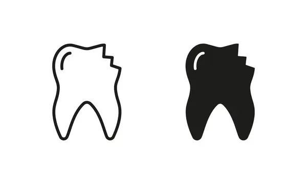 壊れた割れた歯のシルエットとラインアイコンセット チップトゥースピクトグラム 損傷したエナメル 医学的歯科問題サイン 歯科ブラックシンボルコレクション 隔離されたベクターのイラスト — ストックベクタ