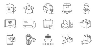 Kargo Hızlı Teslimat Hattı Simgesi Ayarlandı. Dağıtım ve Lojistik Doğrusal Pictogram. Paket Paketi Ekspres Taşımacılık Ana Hattı Sembolü. İnternetten alışveriş. Düzenlenebilir Vuruş. İzole Vektör İllüstrasyonu.