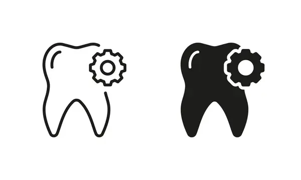 Dental Repair Silhouette Line Icon Set Dente Com Engrenagem Pictograma —  Vetores de Stock
