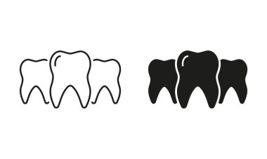 Sağlıklı Diş Silueti ve Satır Simgeleri Ayarlandı. Diş tedavisi, ağız sağlığı piktogramı. Ağız Tıbbı, Diş Hekimliği Siyah Sembol Koleksiyonu. Ortodontik Sağlık Hizmetleri. İzole Vektör İllüstrasyonu.