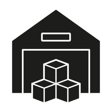 Depo Silueti Simgesi. Nakliye Servisi Katı İşaret Deposu. Depolama Bina Glyph Pictogram. Ticari Mağaza Sembolünde Kargo Kutuları. İzole Vektör İllüstrasyonu.