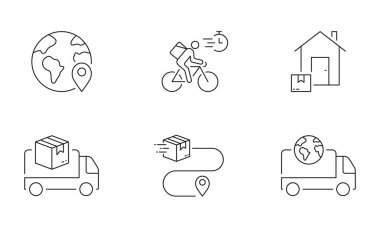 Dünya çapında Nakliye Hattı Simgesi Ayarlandı. Ev Doğrusal Pictogram 'a Bisiklet Teslimatı. Kutu Özeti Sembolü. Hızlı Paket Taşımacılık Van Tabelasıyla. Düzenlenebilir Vuruş. İzole Vektör İllüstrasyonu.