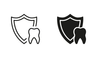 Tıbbi Oral Bakım Silüeti ve Satır Simgesi Ayarlandı. Diş Sigortası Piktogram. Diş koruma ve hijyen. Diş Savunması, Diş Tedavisi Siyah Sembol Koleksiyonu. İzole Vektör İllüstrasyonu.