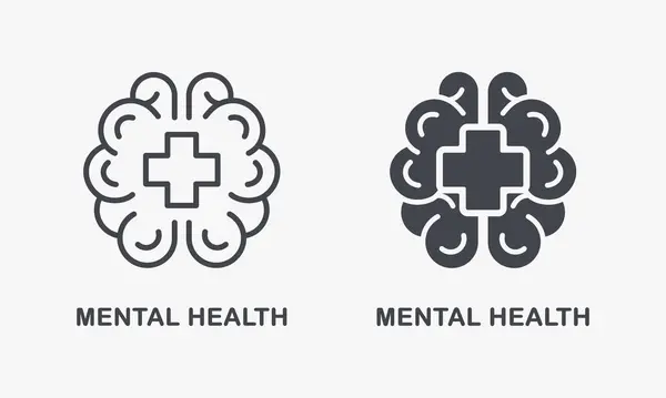 Cross Shape, Mental Health Silhouette ve Line Icon Set ile İnsan Beyni. Psikolojik rahatsızlığı olan insanlar için tıbbi yardım. Duygusal Destek Sembol Koleksiyonu. İzole Vektör İllüstrasyonu.