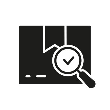 Damga ve Büyüteç Siluet Simgesiyle Karton Kutu. Onaylanmış Ürün Glyph Pictogram 'ı kontrol ettim. Teslimat Servisi Katı İşaret. Konteyner Sembolündeki Kaliteli Mallar. İzole Vektör İllüstrasyonu.