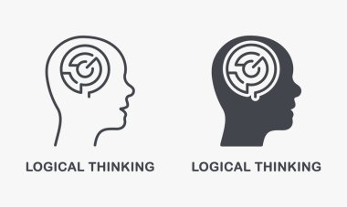 Mantıksal Düşünme, İnsan Başı Siluetinde Labirent ve Satır Simgesi Ayarlandı. Zihinsel Çember Labirent Piktogram. Psikoloji, Yaratıcı Entelektüel İşlem Sembol Koleksiyonu. İzole Vektör İllüstrasyonu.