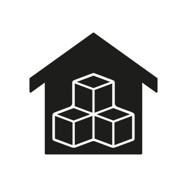 Depo Silueti Simgesi. Nakliye Servisi Glyph Pictogram Deposu. Depo Binası Katı İşaret. Store House Sembolü 'nde ticari kargo kutusu. İzole Vektör İllüstrasyonu.