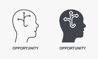 Opportunity, Choice, Success Silhouette ve Line Icon Set. İnsan kafasında kariyer geliştirme fikri. Hedef, Potansiyel Başarı, Entelektüel İşlem Sembol Koleksiyonu. İzole Vektör İllüstrasyonu.