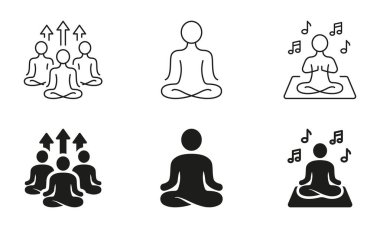 Zen Poz Silueti ve Satır Simgeleri Ayarlandı. Sağlık ve Rahatlama Piktogramı. Grup Yogası Siyah Sembol Koleksiyonu Yapıyor. Meditasyon, sakinlik, denge işareti. İzole Vektör İllüstrasyonu.