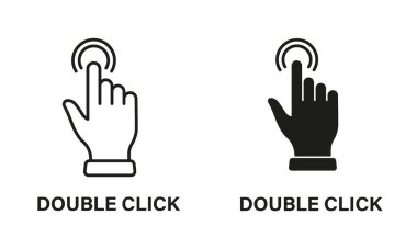Çift Tıklama Hareketi, Bilgisayar Fare Hattı El İmleci ve Siluet Siyah Simge Kümesi. İşaret parmağı piktogramı. Double Press, Swipe, Touch, Point, Tap Tabelası. İzole Vektör İllüstrasyonu.
