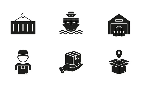 Lojistik ve Küresel Dağıtım Silüeti Simgesi Ayarlandı. Depo, Ulaşım Glyph Pictogram. Uluslararası Tekne Taşımacılığı Katı İşareti. Kargo Sembol Koleksiyonu. İzole Vektör İllüstrasyonu.