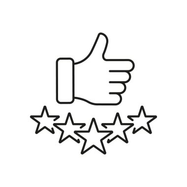 Beş Yıldızlı Çizgi Simgesi Başparmağını kaldır. Müşteri Memnuniyeti Doğrusal Pictogram. En İyi Kalite Taslak Sembolü. Teftiş İmzası. Olumlu geri bildirim. Düzenlenebilir Vuruş. İzole Vektör İllüstrasyonu.