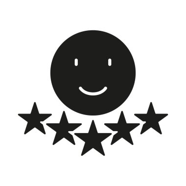Pozitif geri bildirim silueti simgesi. Beş Yıldız Kullanıcı Deneyimi Glyph Pictogram. Mutlu Duygusal Katı İşaretler. Müşteri Teftiş Sembolü. Müşteri memnuniyeti. İzole Vektör İllüstrasyonu.