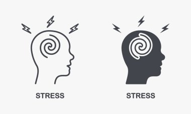 Stressed Exhausted Brain and Human Head, Migraine Silhouette and Line Icon Set. Stress, Dizzy, Anxiety, Depression Pictogram. Headache, Tension Symbol Collection. Isolated Vector Illustration. clipart