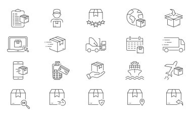 Lojistik ve Dağıtım Satır Simgesi Ayarlandı. Kargo Teslimat İşareti. Paket Taşımacılık Doğrusal Piktogram. Uluslararası Ticaret Ana Hattı Sembolü. Düzenlenebilir Vuruş. İzole Vektör İllüstrasyonu.