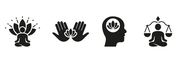Akıl Sağlığı, Yoga ve Denge Silueti Simgesi Seti. Lotus Konum Sembol Koleksiyonunda Meditasyon Yapan Kişi. Sağlıklı Glyph Pictogram. Sakin ol, Zen Poz İşareti. İzole Vektör İllüstrasyonu.