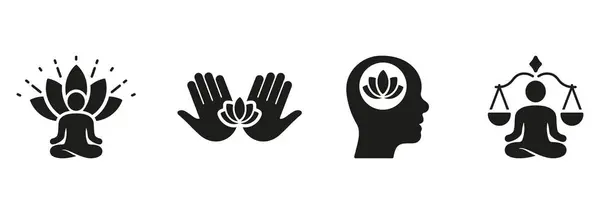 Ensemble Icône Silhouette Santé Mentale Yoga Équilibre Person Meditate Lotus Illustration De Stock