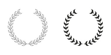 Ağaç dalı, Chaplet Sembol Koleksiyonu. Laurel Çelenk, Yaprak Ödülü Hattı ve Siluet Siyah Simge Seti. Kazanan Amblem, Zafer Sertifikası, Zeytin Yaprağı Pictogramı. İzole Vektör İllüstrasyonu.