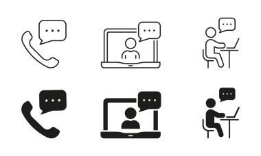 Video Konferans Hattı ve Siluet Simgesi Ayarlandı. İnsanlar Siyah Piktogram giymek için dizüstü bilgisayar kullanıyor. Çevrimiçi Seminer Sembol Koleksiyonu. Uzaklık Eğitim İşareti. İzole Vektör İllüstrasyonu.
