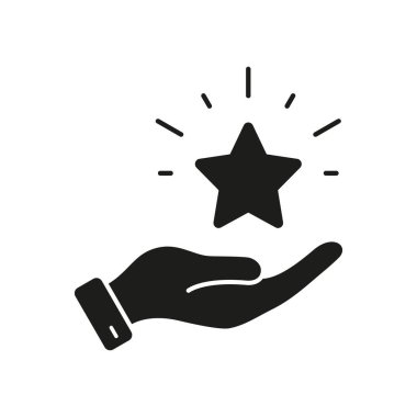 Müşteri memnuniyeti silueti simgesi. İyi geri bildirim, Yıldız Kabartmalı El Pictogram. Pozitif Eleştiri Sağlam İşaret. En iyi hizmet sembolü. İzole Vektör İllüstrasyonu.