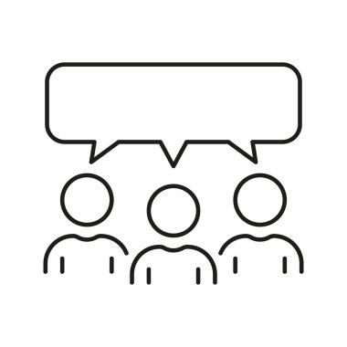 Konuşma balonu ve bir grup insan ikon hattında. Takım konuşması, Lineer Pictogram tartışması. Üç adam ana hatlarıyla konuşuyor. Buluşma Tabelasında konuşma. Düzenlenebilir Vuruş. İzole Vektör İllüstrasyonu.