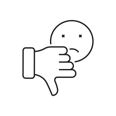 Üzgün Duygu Çizgisi Simgesi ile Başparmak Aşağı. Kötü geri bildirim, Emoji Linear Pictogram 'dan hoşlanmamak. Sosyal medyanın ana simgesinin aksine. Anlaşmazlık işareti. Düzenlenebilir Vuruş. İzole Vektör İllüstrasyonu.