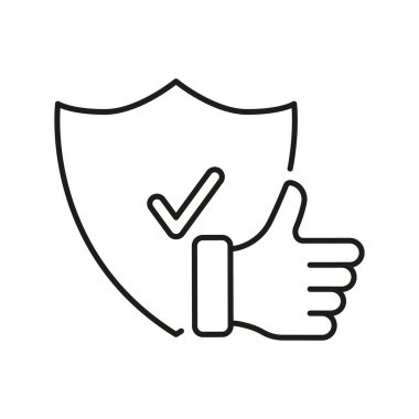 Koruma ve Güvenlik Hattı Simgesi. Parmak Yukarı ve Kalkan Çizgisel Piktogram, Güvenli Servis Konsepti. İyi Seçim Ana Hattı Sembolü. Onaylanmış Güvenlik İşareti. Düzenlenebilir Vuruş. İzole Vektör İllüstrasyonu.