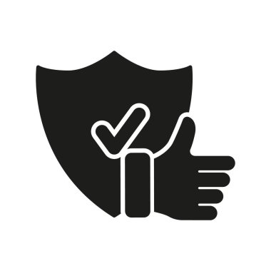 Güvenlik ve Koruma Silueti Simgesi. Baş Parmak Yukarı ve Kalkan Grafiği Pictogram. Güvenli Servis Katı İşareti. Onaylanmış Güvenlik Sembolü. İyi seçim. İzole Vektör İllüstrasyonu.