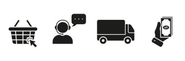 Çevrimiçi Alışveriş Adımları Siluet Simgesi Ayarlandı. Düzen Rehberi Sembol Koleksiyonu Yapılıyor. Buy, Call To Destek, Teslimat, Ödeme Glyph Pictogram. E-ticaret, E-ticaret tabelası. İzole Vektör İllüstrasyonu.