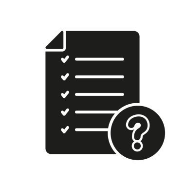 Soru işareti silueti simgesi olan kağıt dökümanı. Dosya Glyph Pictogram 'daki Kontrol Listesi. Sağlam İşaret 'e Sor ve Cevapla. SSS Sayfa Sembolü. İzole Vektör İllüstrasyonu.