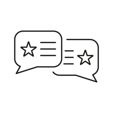 Müşteri derecelendirme hattı simgesi. Diyalog ve İletişim Doğrusal Piktogram. Geribildirim, Konuşma Baloncuğu Taslak Sembollü Yıldızlar. Çevrimiçi Servis Gözden Geçirme İmzası. Düzenlenebilir Vuruş. İzole Vektör İllüstrasyonu.