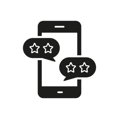 En İyi Seçim Siluet Simgesi. Smartphone Glyph Pictogram 'da müşteri geribildirimi. Yıldızlı cep telefonu ve köpüklü konuşma işareti. Uygulama Sınıflandırma Sembolü. İzole Vektör İllüstrasyonu.