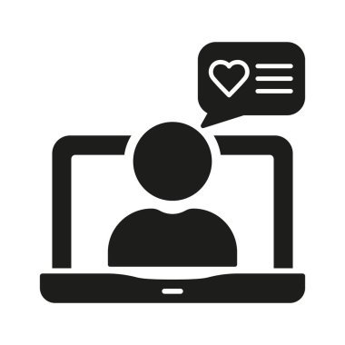 Yorum, Geri bildirim, Mesaj Silueti Simgesi. Çevrimiçi Chat Glyph Pictogram. Adam ve Konuşma Baloncuğu İşaretli Laptop. Diyalog, Konuşma Sembolü. İzole Vektör İllüstrasyonu.