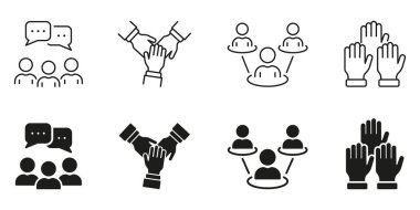 İş ortaklığı hattı ve siluet simgesi seti. Takım çalışması ve İletişim Piktogramı. İş Konferansı Sembol Koleksiyonu. Ağ İşareti. İzole Vektör İllüstrasyonu.
