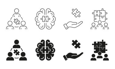 Yapboz, İnsan Zihni Kavrama Hattı ve Siluet Simgesi Seti. Yapboz Testere ve Ortaklık Başarı. Takım oluşturma, birlik, iş dünyası piktogramı. Düzenlenebilir Vuruş. İzole Vektör İllüstrasyonu.