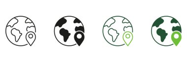 Küresel Teslimat Hattı ve Siluet Simgesi Ayarlandı. Yer Pin Pictogram 'ı olan Dünya gezegeni. Uluslararası Nakliye Sembolü. Dünya çapında Teslimat İşareti. Düzenlenebilir Vuruş. İzole Vektör İllüstrasyonu.