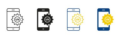 UV İndeks Seviye Mobil Uygulama Satırı ve Siluet Simgesi Ayarları. Ultraviyole Radyasyon Akıllı Telefon Uygulaması Pictogram. Düzenlenebilir Vuruş. İzole Vektör İllüstrasyonu.